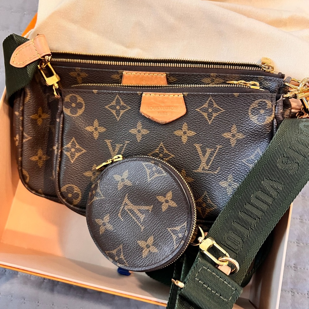 Louis Vuitton Brown Monogram Crossbody Bag Multi Pochette with two straps.